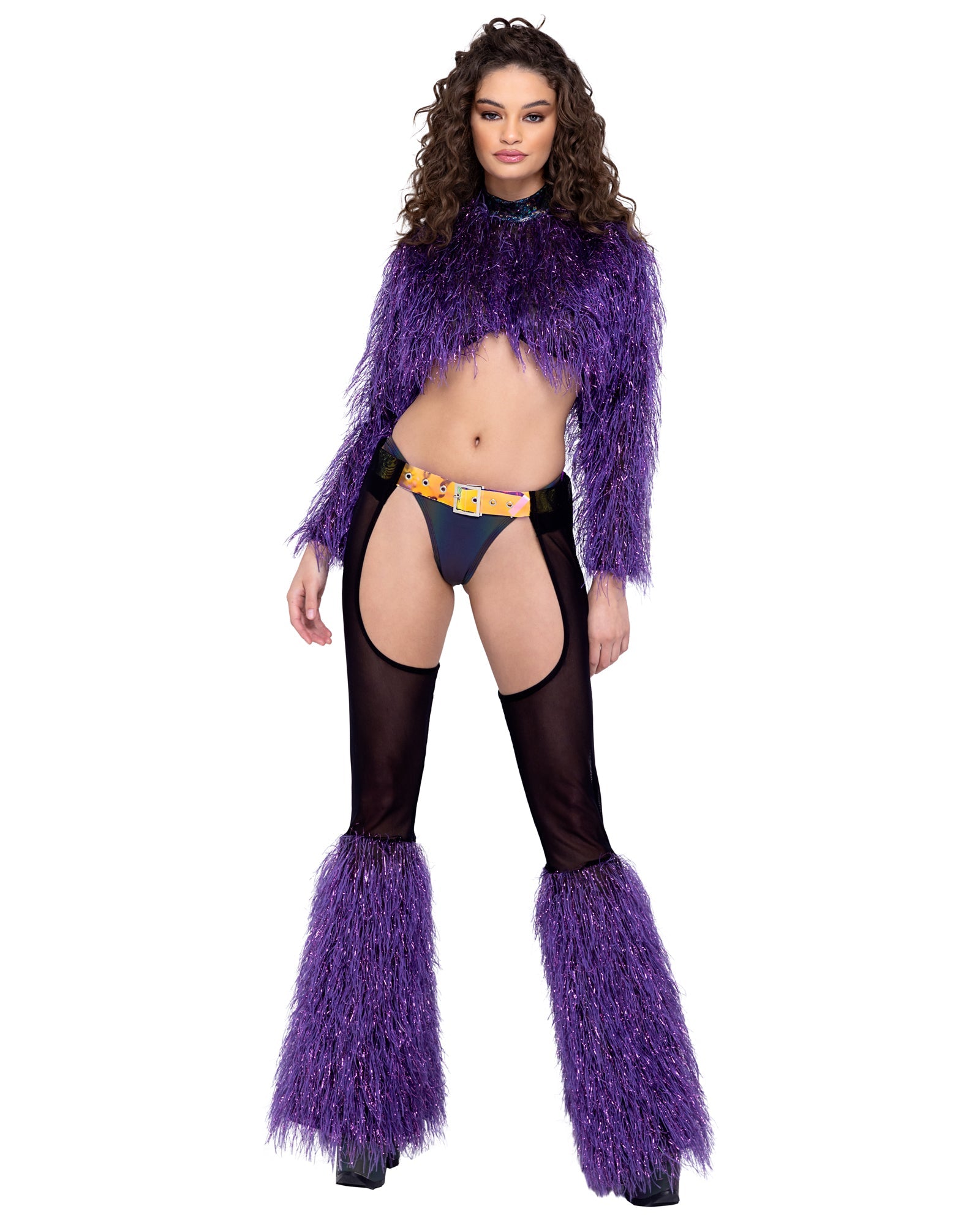 Purple long sleeve faux fur crop top rave outfit, view 3